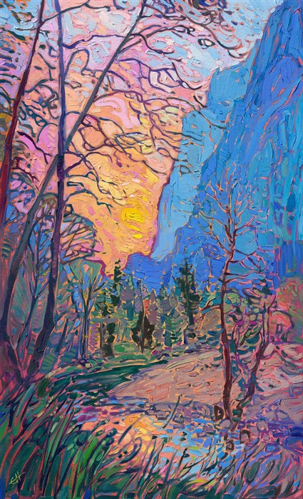 This painting of Yosemite valley captures the colors of sunset against the striking blue of the mountain cliffs. The brush strokes are laid side by side, without layering, in Hanson's unique Open Impressionism style. The vivid colors are created from a limited palette of only five colors. 

This painting was exhibited at <i>Erin Hanson: Landscapes of the West </i> solo museum exhibition at the Sears Art Museum in St. George, Utah.