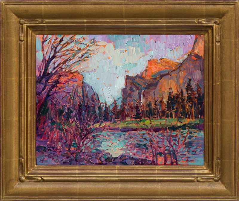 The beautiful natural colors of sunset in Yosemite are captured here in loose, expressive brush strokes.  The reflections in the water dance and sparkle, brightening up the mountain shadows.</p><p>This painting was done on 3/4" stretched canvas, and it has been framed in a genuine gold leaf, hand-carved frame that complements the colors in the painting.  Read more about the <a href="https://www.erinhanson.com/Blog?p=AboutErinHanson" target="_blank">painting's details here.</a>