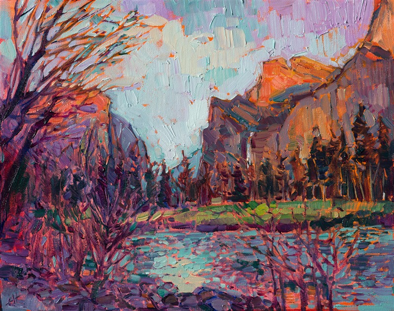 The beautiful natural colors of sunset in Yosemite are captured here in loose, expressive brush strokes.  The reflections in the water dance and sparkle, brightening up the mountain shadows.</p><p>This painting was done on 3/4" stretched canvas, and it has been framed in a genuine gold leaf, hand-carved frame that complements the colors in the painting.  Read more about the <a href="https://www.erinhanson.com/Blog?p=AboutErinHanson" target="_blank">painting's details here.</a>