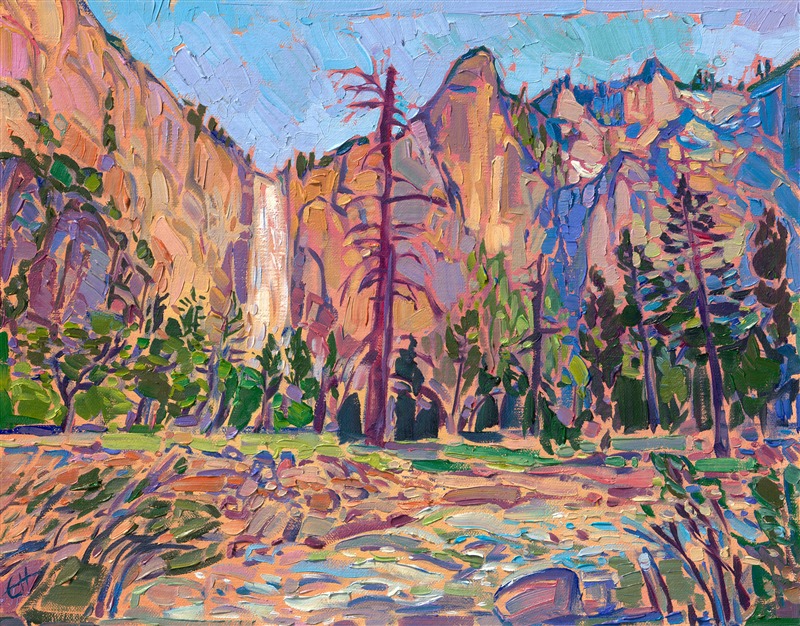 Capturing the impressively grand features of Yosemite on an 11-inch-tall canvas is a challenge that requires planning and a confident hand. I pre-mix my entire palette of colors before I begin painting, with my palette organized in sections of shadow and light across the canvas. When I paint, I try not to overlap my brushstrokes, which keeps the texture and movement of the painting alive and fresh.</p><p>"Yosemite Light" is an original oil painting on linen board, done in Erin Hanson's signature Open Impressionism style. The piece arrives framed in a wide, mock floater frame finished in black with gold edging.</p><p>This piece will be displayed in Erin Hanson's annual <i><a href="https://www.erinhanson.com/Event/petiteshow2023">Petite Show</i></a> in McMinnville, Oregon. This painting is available for purchase now, and the piece will ship after the show on November 11, 2023.