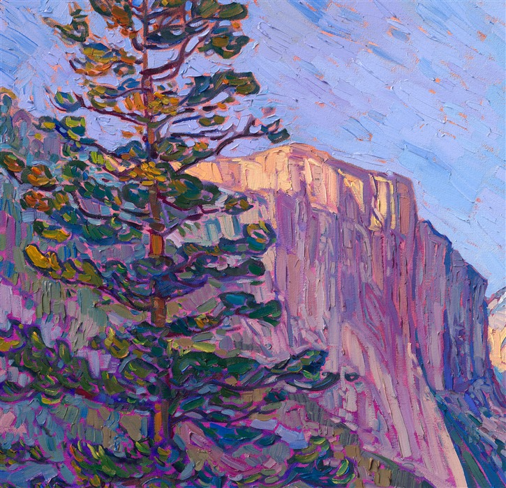 Yosemite's granite cliffs are captured in late afternoon, while the sun's rays make the painting glow with hues of lemon and gold. Hanson sees the world through the filter of impressionism, and here she has captured a classic scene with her own style of brush strokes and color choices. This grand painting truly captures the majesty of Yosemite National Park.</p><p>"Yosemite Vista" is an original oil painting on stretched canvas. The piece arrives framed in a custom-made floater frame finished in burnished, 23-kt gold leaf and dark, pebbled sides.