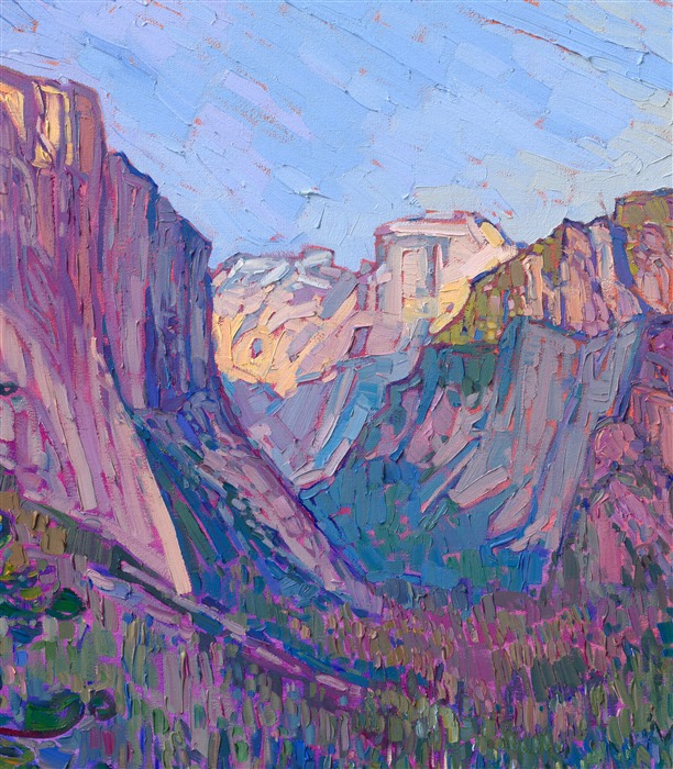 Yosemite's granite cliffs are captured in late afternoon, while the sun's rays make the painting glow with hues of lemon and gold. Hanson sees the world through the filter of impressionism, and here she has captured a classic scene with her own style of brush strokes and color choices. This grand painting truly captures the majesty of Yosemite National Park.</p><p>"Yosemite Vista" is an original oil painting on stretched canvas. The piece arrives framed in a custom-made floater frame finished in burnished, 23-kt gold leaf and dark, pebbled sides.