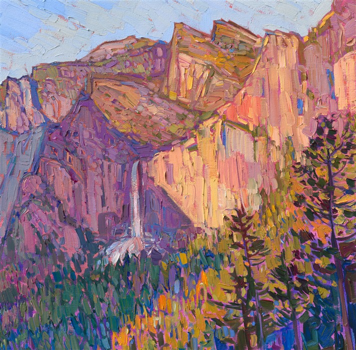 Yosemite's granite cliffs are captured in late afternoon, while the sun's rays make the painting glow with hues of lemon and gold. Hanson sees the world through the filter of impressionism, and here she has captured a classic scene with her own style of brush strokes and color choices. This grand painting truly captures the majesty of Yosemite National Park.</p><p>"Yosemite Vista" is an original oil painting on stretched canvas. The piece arrives framed in a custom-made floater frame finished in burnished, 23-kt gold leaf and dark, pebbled sides.