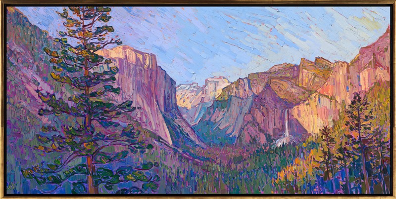 Yosemite's granite cliffs are captured in late afternoon, while the sun's rays make the painting glow with hues of lemon and gold. Hanson sees the world through the filter of impressionism, and here she has captured a classic scene with her own style of brush strokes and color choices. This grand painting truly captures the majesty of Yosemite National Park.</p><p>"Yosemite Vista" is an original oil painting on stretched canvas. The piece arrives framed in a custom-made floater frame finished in burnished, 23-kt gold leaf and dark, pebbled sides.