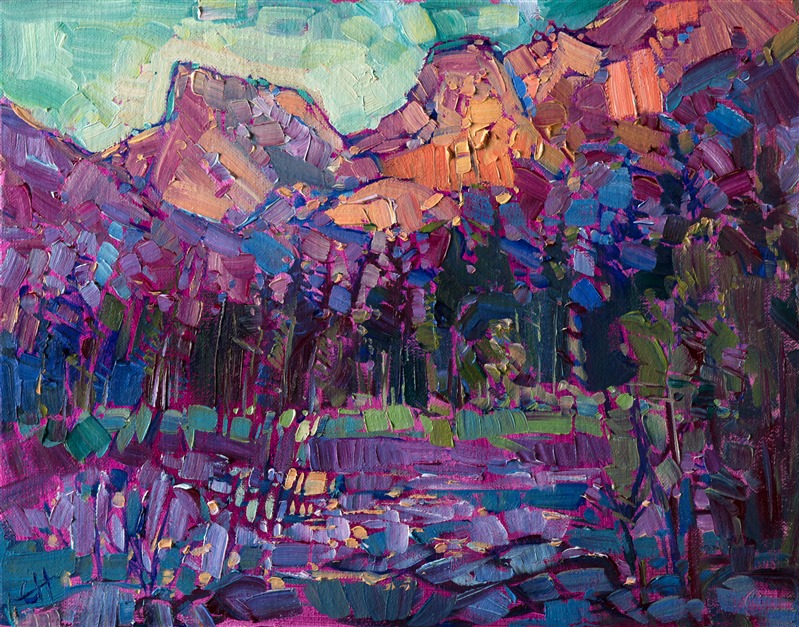 A perfect addition to your petite oil painting collection, this painting captures the beauty and transient light of a Yosemite sunset.  This piece was inspired by a recent springtime journey through Yosemite on the way to Carmel Valley.  The landscape was drenched in bright greens and multicolored wildflowers.

This painting was created on canvas board.  It has been framed in a classic gold frame, and it arrives ready to hang.