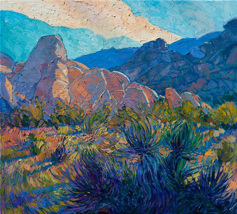Joshua Tree National Park is filled with unique, white granite boulders that reflect and capture the desert's changing light.  The yucca plants and Joshua trees look beautiful in the cool colors of dawn.</p><p>This painting was created on museum-depth canvas, with the painting continued around the edges of the stretched canvas. The painting arrives ready to hang, with framing optional.