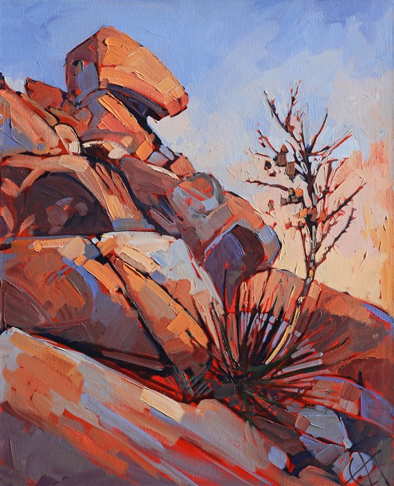 Original oil painting of Joshua Tree National Park. The soft colors of pre-dawn reflect pink and blue off the granite boulders. The brush strokes in this painting are thick and expressive, creating a beautiful mosaic of color and texture.