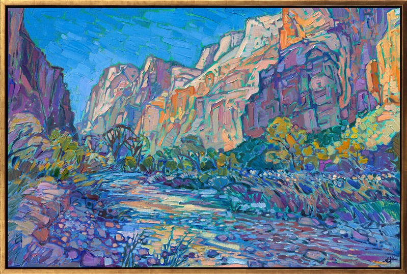 Abstract impressionist brushstrokes capture the vivid colors and sense of movement in Zion National Park canyon. Erin Hanson lays her brush strokes side by side, like placing tiles in a mosaic. The result is thickly textured oil painting that glows with internal light.</p><p>"Zion Canyon" was a part of the Sears Art Museum Invitational in 2025. 