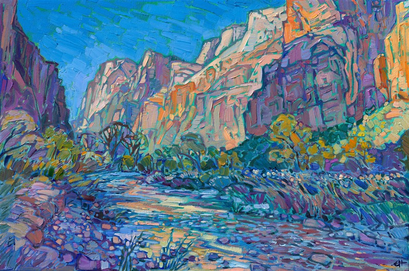 Abstract impressionist brushstrokes capture the vivid colors and sense of movement in Zion National Park canyon. Erin Hanson lays her brush strokes side by side, like placing tiles in a mosaic. The result is thickly textured oil painting that glows with internal light.

"Zion Canyon" was a part of the Sears Art Museum Invitational in 2025. 