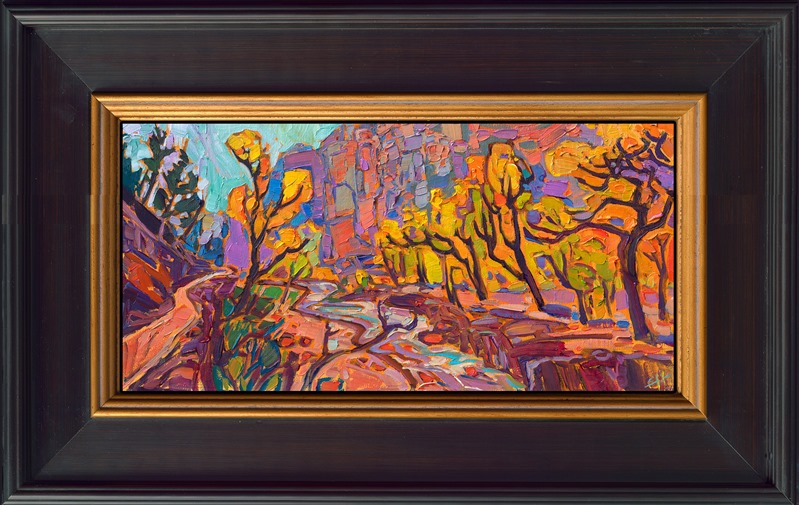 Southern Utah's Zion National Park is famous for its colorful cliffs and dramatic canyons. This painting captures the vivid hues of autumn along the canyon's riverbed.</p><p>"Zion Colors" is an original oil painting by Erin Hanson. The piece arrives framed in a black and gold plein air frame, ready hang.</p><p>This painting will be displayed at Erin Hanson's annual <a href="https://www.erinhanson.com/Event/ErinHansonSmallWorks2022" target=_"blank"><i>Petite Show</a></i> on November 19th, 2022, at The Erin Hanson Gallery in McMinnville, OR.