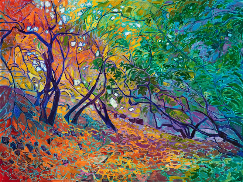 About the painting:<br/>Hiking a wet and rainy trail from Angel's Landing to the Lodge at Zion National Park found these beautiful cottonwood trees growing low to the ground, their branches skirting the top of the hillside. The colors were rich and saturated from the rain, captured on canvas here with thick, impressionistic brush strokes.</p><p>"Zion Cottonwoods" was created on gallery-depth canvas, with the painting continued around the edges. The piece arrives framed in a contemporary gold floater frame.