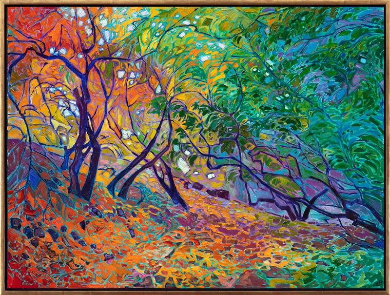 About the painting:<br/>Hiking a wet and rainy trail from Angel's Landing to the Lodge at Zion National Park found these beautiful cottonwood trees growing low to the ground, their branches skirting the top of the hillside. The colors were rich and saturated from the rain, captured on canvas here with thick, impressionistic brush strokes.</p><p>"Zion Cottonwoods" was created on gallery-depth canvas, with the painting continued around the edges. The piece arrives framed in a contemporary gold floater frame.