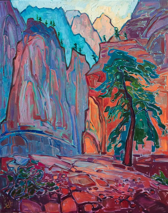 About the Painting:
The view of Zion canyon from Angel's Landing is spectacular. The vertical cliffs stretch dizzingly downward, inspiring vertigo close to the edge. This painting captures the dramatic scene with long, thickly applied brush strokes.

"Zion Crest" was created on 1-1/2" canvas, with the painting continued around the edges. The piece arrives framed in a contemporary gold floater frame.
