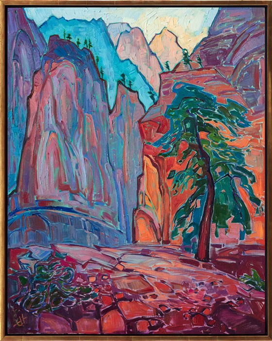 About the Painting:<br/>The view of Zion canyon from Angel's Landing is spectacular. The vertical cliffs stretch dizzingly downward, inspiring vertigo close to the edge. This painting captures the dramatic scene with long, thickly applied brush strokes.</p><p>"Zion Crest" was created on 1-1/2" canvas, with the painting continued around the edges. The piece arrives framed in a contemporary gold floater frame.