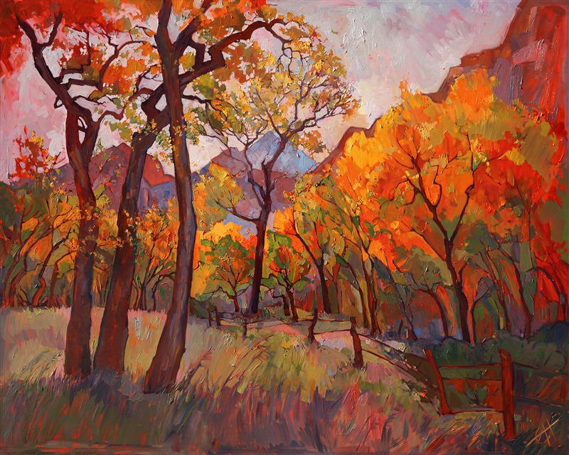 Zion National Park blooms golden in October and November, before the snow freezes the cottonwoods bare. This painting was inspired by a backpacking trip from Kolob Canyon to the valley floor.. and the flat ground and beautiful cottonwoods combined into a sanctuary of relief after four days of hiking!