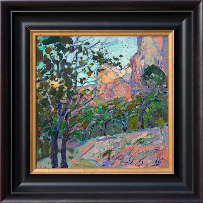 Bright cottonwood greens stand boldly against the rich contrast of Zion's red rock cliffs.  This painting was inspired by the high plateaus near Kolob Canyon (Zion's northern park entrance.)  This painting has been framed in a hand-carved, gold frame.</p><p>This painting was displayed at the Zion Art Museum (located in Zion National Park) during the summer of 2017, for the exhibition <i><a href="https://www.erinhanson.com/Event/ErinHansonZionMuseum" target="_blank">Impressions of Zion</a></i>. 