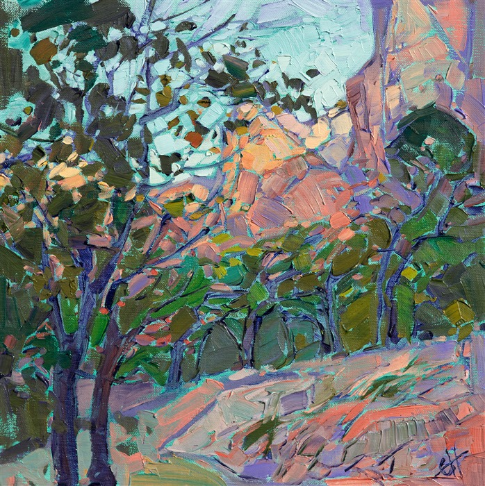 Bright cottonwood greens stand boldly against the rich contrast of Zion's red rock cliffs.  This painting was inspired by the high plateaus near Kolob Canyon (Zion's northern park entrance.)  This painting has been framed in a hand-carved, gold frame.

This painting was displayed at the Zion Art Museum (located in Zion National Park) during the summer of 2017, for the exhibition <i><a href="https://www.erinhanson.com/Event/ErinHansonZionMuseum" target="_blank">Impressions of Zion</a></i>. 