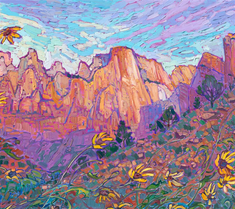 Zion National Park is captured in bold, impressionistic color, in Hanson's iconic Open Impressionism style. The brush strokes are thickly applied without overlapping, creating a mosaic of color and texture across the canvas. This large painting re-creates all the grandeur of southern Utah.