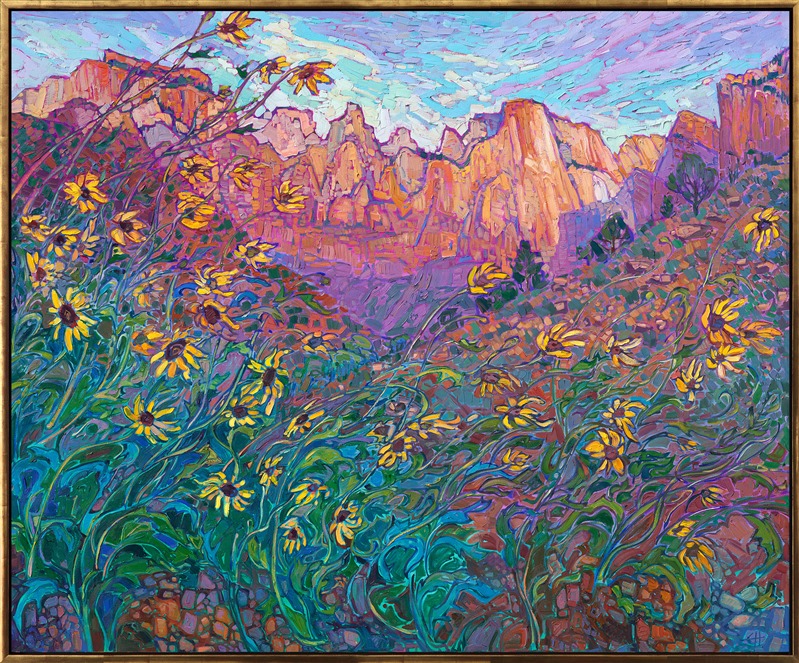 Zion National Park is captured in bold, impressionistic color, in Hanson's iconic Open Impressionism style. The brush strokes are thickly applied without overlapping, creating a mosaic of color and texture across the canvas. This large painting re-creates all the grandeur of southern Utah.