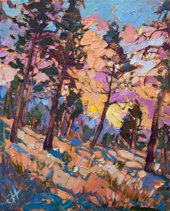 This oil painting was inspired by the final day of backpacking 50 miles through Zion National Park.  The brush strokes are loose and impressionistic, capturing the light and motion of the landscape in a few simple brush strokes.