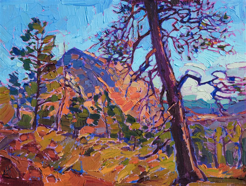 The high plateaus of Zion National Park are a beautiful and peaceful place to hike.  The deep reds and oranges of the landscape are a rich contrast against the desert pines and scrub. This petite paintings captures the wide breadth of Zion in a few expressive brush strokes. The painting was done on a linen panel, and it has been framed in a hand-carved, plein air frame.</p><p>This painting is hanging in the <i><a href="https://www.erinhanson.com/Event/ErinHansonZionMuseum" target="_blank">Impressions of Zion</a></i> exhibition, and this piece is available for viewing at the Zion Art Museum, in Springdale, UT. The exhibition dates are June 9th - August 27th, 2017.  All sold paintings will be shipped after the exhibition closes at the end of August.