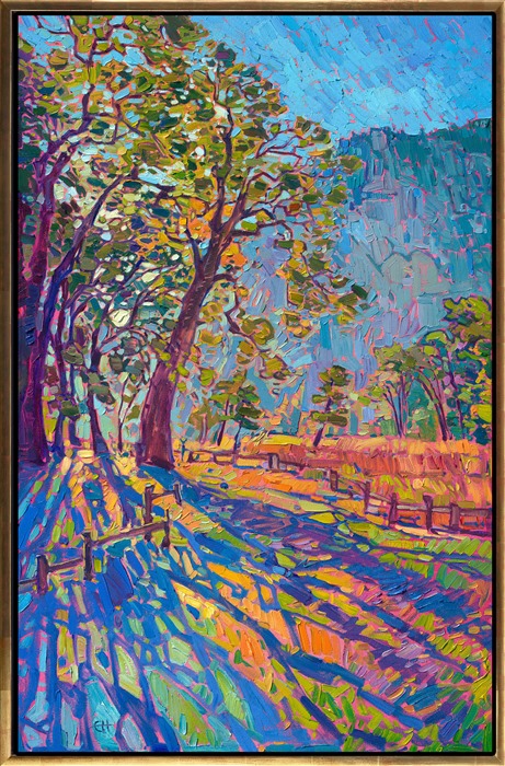 Early morning at the Zion National Park visitor's center, with a day full of hiking possibilities before me, I was inspired by a pattern of radiating shadows cast by a grove of cottonwood trees. Thick brush strokes of oil paint capture the vibrant hues and movement of the scene.