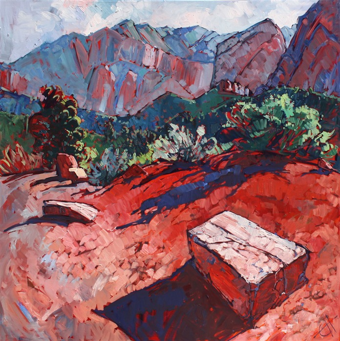 Man-cut sandstone rock at a pullout in Kolob Canyon (Zion National Park.)  The brush strokes in this oil painting are thick and impressionistc.