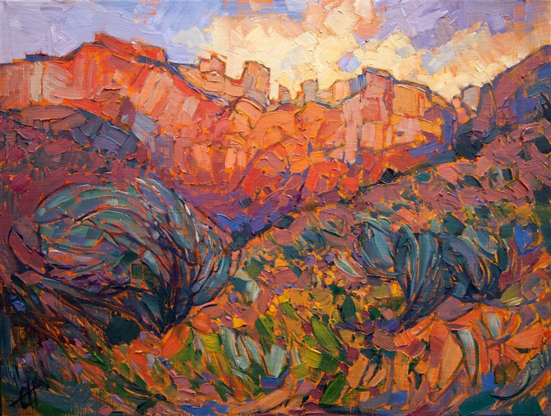 Zion National Park is painted here in vivid color and loose brush strokes.  The painting comes alive, drawing you into the crisp, early morning beauty of Zion.