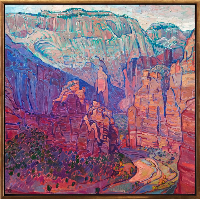 About the Painting:<br/>Zion National Park is a land of rugged cliffs, towering structures, and multi-colored rock faces. This painting captures the long shadows and dramatic lighting of late afternoon. A light dusting of snow caps the canyon walls.</p><p>"Zion Towers" was created on 1-1/2" canvas, with the painting continued around the edges. The piece arrives framed in a contemporary gold floater frame, ready to hang.