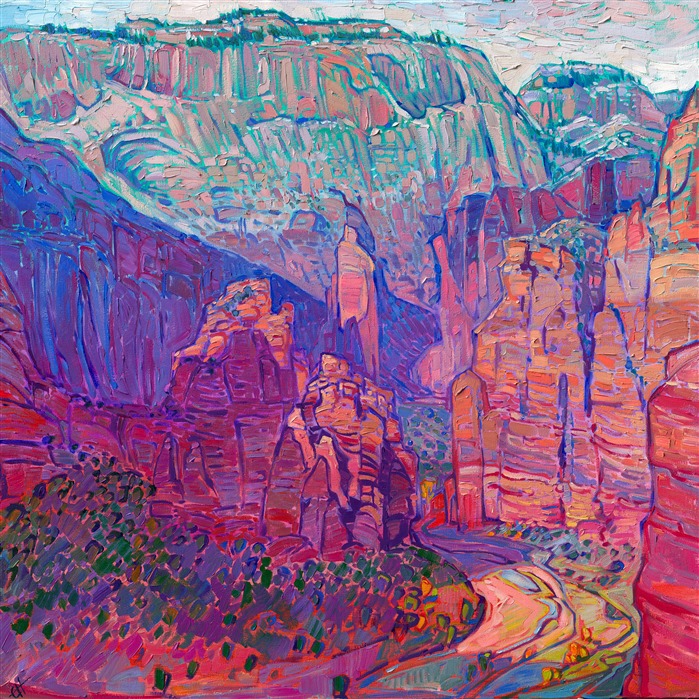 About the Painting:<br/>Zion National Park is a land of rugged cliffs, towering structures, and multi-colored rock faces. This painting captures the long shadows and dramatic lighting of late afternoon. A light dusting of snow caps the canyon walls.</p><p>"Zion Towers" was created on 1-1/2" canvas, with the painting continued around the edges. The piece arrives framed in a contemporary gold floater frame, ready to hang.