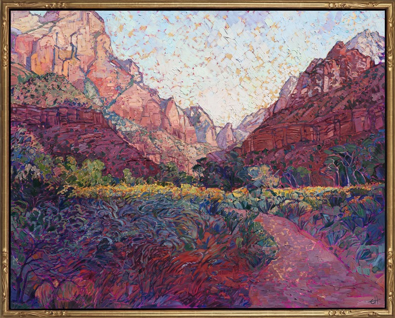 This painting captures the grandeur and wide expanse of Zion National Park in southern Utah.  The loose, painterly brush strokes are alive with texture, creating a three-dimensional  rhythm of color upon the canvas.</p><p>This oil painting was done on a canvas gilded in 24kt gold leaf. The gold leaf shines through sections of the painting, creating an additional glow of light within the piece.  The painting was done on 1-1/2" canvas, with the painting continued around the edges of the canvas.  The work has been framed in a carved gold open impressionist frame.</p><p>This painting was exhibited in the <a href="https://www.erinhanson.com/Event/redrock2018" target=_blank"><i>The Red Rock Show</i></a> at The Erin Hanson Gallery, June 16th, 2018.  <a href="https://www.erinhanson.com/Portfolio?col=The_Red_Rock_Show_2018" target="_blank"><u>Click here</u></a> to view the other Red Rock paintings.</p><p>This painting was exhibited in <i><a href="https://www.erinhanson.com/Event/ErinHansonAmericanVistas/" target="_blank">Erin Hanson: American Vistas</i></a> at the Nancy Cawdrey Studios and Gallery in Whitefish, Montana, 2019.