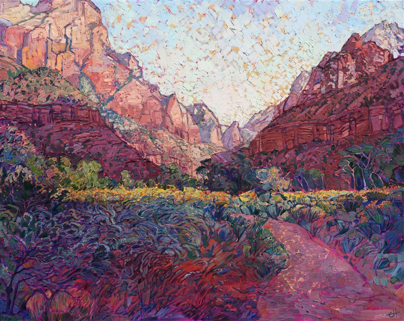 This painting captures the grandeur and wide expanse of Zion National Park in southern Utah.  The loose, painterly brush strokes are alive with texture, creating a three-dimensional  rhythm of color upon the canvas.</p><p>This oil painting was done on a canvas gilded in 24kt gold leaf. The gold leaf shines through sections of the painting, creating an additional glow of light within the piece.  The painting was done on 1-1/2" canvas, with the painting continued around the edges of the canvas.  The work has been framed in a carved gold open impressionist frame.</p><p>This painting was exhibited in the <a href="https://www.erinhanson.com/Event/redrock2018" target=_blank"><i>The Red Rock Show</i></a> at The Erin Hanson Gallery, June 16th, 2018.  <a href="https://www.erinhanson.com/Portfolio?col=The_Red_Rock_Show_2018" target="_blank"><u>Click here</u></a> to view the other Red Rock paintings.</p><p>This painting was exhibited in <i><a href="https://www.erinhanson.com/Event/ErinHansonAmericanVistas/" target="_blank">Erin Hanson: American Vistas</i></a> at the Nancy Cawdrey Studios and Gallery in Whitefish, Montana, 2019.