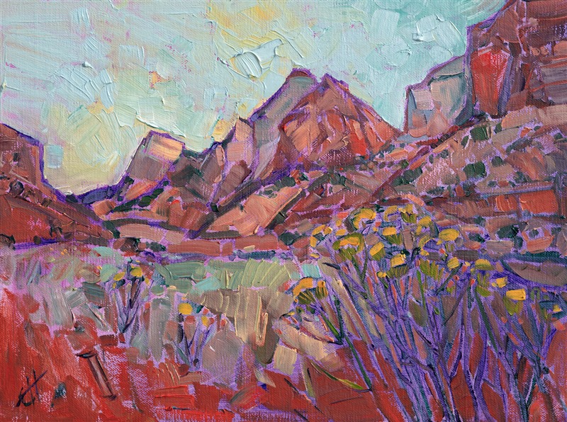 With a few expressive brush strokes, the drama of Zion's Patriarchs are captured in vivid color on this petite canvas.  The dawn light glows pink over the red rock cliffs of Zion National Park.  This painting has been framed in a hand-carved impressionist frame.</p><p>This painting is hanging in the <i><a href="https://www.erinhanson.com/Event/ErinHansonZionMuseum" target="_blank">Impressions of Zion</a></i> exhibition, and this piece is available for viewing at the Zion Art Museum, in Springdale, UT. The exhibition dates are June 9th - August 27th, 2017.  All sold paintings will be shipped after the exhibition closes at the end of August.