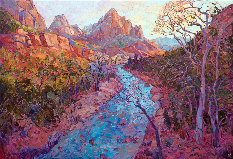 The bridge over the Virgin River, in Zion National Park, is a popular spot to catch the beautiful red cliffs and winding river.  This painting captures all the drama and magnificence of this amazing vista.  The oil paint was thickly applied with a brush, the impressionistic colors melding together to capture the fleeting light of dawn. This painting has been framed in a gilded floater frame.</p><p>This painting was displayed at the Zion Art Museum (located in Zion National Park) during the summer of 2017, for the exhibition <i><a href="https://www.erinhanson.com/Event/ErinHansonZionMuseum" target="_blank">Impressions of Zion</a></i>. 