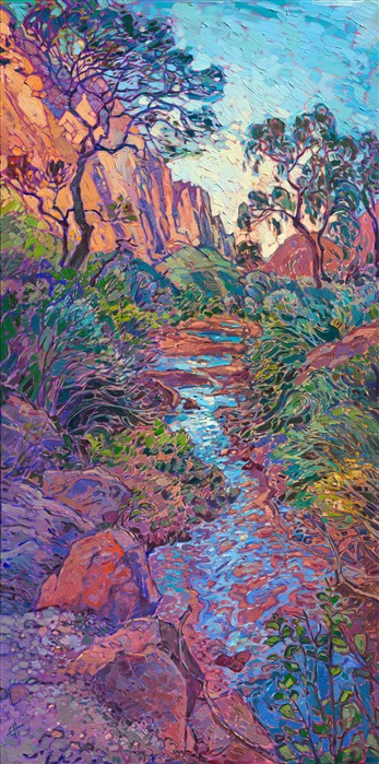 I love walking along the river bed in Zion Canyon. Red rock cliffs reach high into the sky around me, and all around me is silent except for the moving sound of water and the wind rustling through the cottonwood leaves. I walk in and out of shadow beneath the overhanging boughs, my mind completely at peace. This painting captures all my love for this landscape.<br/><b>Note:<br/>"Zion Waters" is available for pre-purchase and will be included in the <i><a href="https://www.erinhanson.com/Event/SearsArtMuseum" target="_blank">Erin Hanson: Landscapes of the West</a> </i>solo museum exhibition at the Sears Art Museum in St. George, Utah. This museum exhibition, located at the gateway to Zion National Park, will showcase Erin Hanson's largest collection of Western landscape paintings, including paintings of Zion, Bryce, Arches, Cedar Breaks, Arizona, and other Western inspirations. The show will be displayed from June 7 to August 23, 2024.</p><p>You may purchase this painting online, but the artwork will not ship after the exhibition closes on August 23, 2024.</b><br/><p>