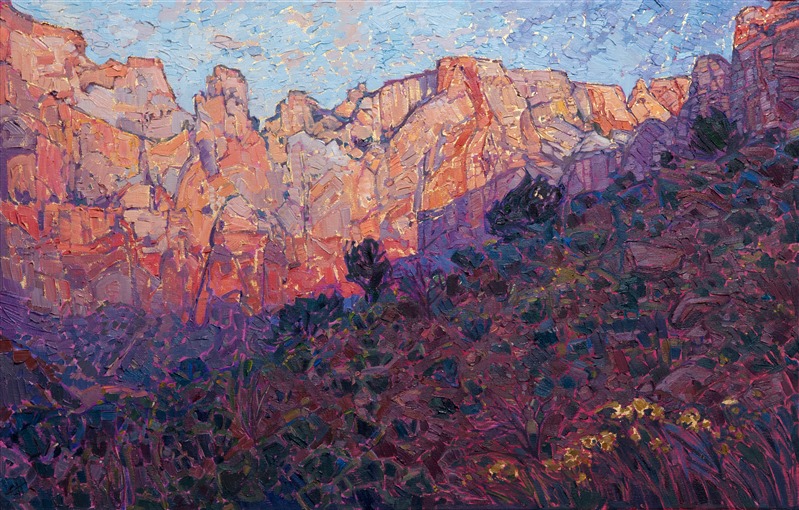 Zion National Park is one of the most beautiful places in southern Utah. This painting captures the dawn rising over the Court of the Patriarchs with thick paint and loose, impressionistic brush strokes. This is a unique painting done over 24kt gold leaf, so you can see the glimmer of gold peeking through behind the brush strokes.</p><p>This painting was done on 3/4" stretched canvas.  It has been framed in a hand-carved gold impressionist frame.</p><p>This painting will be shown in the <a href="https://www.erinhanson.com/Event/redrock2018" target=_blank"><i>The Red Rock Show</i></a> at The Erin Hanson Gallery, June 16th, 2018.  <a href="https://www.erinhanson.com/Portfolio?col=The_Red_Rock_Show_2018" target="_blank"><u>Click here</u></a> to view the other Red Rock paintings.