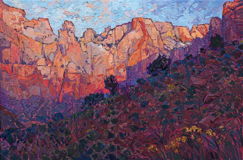 Zion National Park is one of the most beautiful places in southern Utah. This painting captures the dawn rising over the Court of the Patriarchs with thick paint and loose, impressionistic brush strokes. This is a unique painting done over 24kt gold leaf, so you can see the glimmer of gold peeking through behind the brush strokes.</p><p>This painting was done on 3/4" stretched canvas.  It has been framed in a hand-carved gold impressionist frame.</p><p>This painting will be shown in the <a href="https://www.erinhanson.com/Event/redrock2018" target=_blank"><i>The Red Rock Show</i></a> at The Erin Hanson Gallery, June 16th, 2018.  <a href="https://www.erinhanson.com/Portfolio?col=The_Red_Rock_Show_2018" target="_blank"><u>Click here</u></a> to view the other Red Rock paintings.