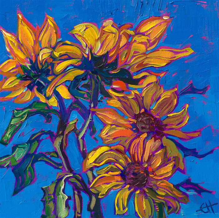 A collection of petite sunflowers reaches toward the sun, their petals brightly colored against the blue summer sky. The brush strokes are loose and impressionistic, capturing the colors and joy of the moment.