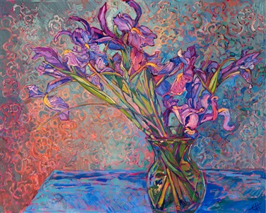 A vase of irises is captured in thick, luscious brushstrokes. The brocade wallpaper makes a beautiful backdrop for the purple flowers.

This painting was created on 3/4" canvas, and it arrives framed in a hand-carved frame with floral embellishments.