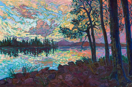 I visited the Oregon Cascades for the first time a few years ago, and I was amazed by the drop-dead gorgeous colors I saw there. During the day I saw greens and blues in every hue imaginable, and when the sun went down I was again awe-struck by one of the most amazing sunsets I had ever seen. This painting re-creates the emotions I felt during the trip with loose, painterly brush strokes and plenty of color.