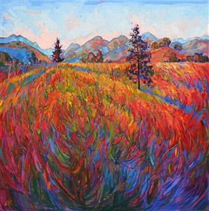 Scarlet and green lay against deep magenta and ultramarine shadows, brush strokes thickly applied, the painting popping with color and texture. San Luis Obispo county is stunning in early spring, the many grasses showing off their multitudinous colors.