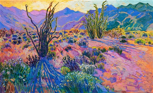 A California desert super bloom is captured in brilliant color in this contemporary impressionist painting. This piece was inspired by Borrego Springs, near Palm Springs. Thick brush strokes convey a sense of movement and life throughout the painting.