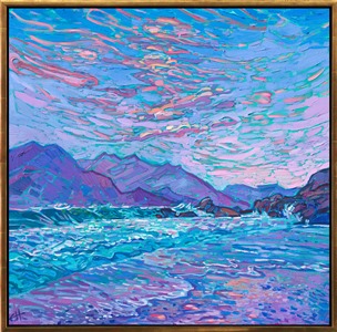 Alchemist of Color Erin Hanson paints the northern California coastline near the Golden Gate Bridge in a limited palette of ultramarine violet, phthalo blue, and magenta. Thick brush strokes capture the impressions of movement and light glittering off the changing waves.

"Coastal in Purple" is an original oil painting on stretched canvas, framed in a gold floating frame. The piece will be displayed at Erin Hanson's solo museum show <i><a href="https://www.erinhanson.com/Event/AlchemistofColor" target="_blank">Erin Hanson: Alchemist of Color</i></a> at the Channel Islands Maritime Museum in Oxnard, California. You may purchase this painting now, but the piece will not be delivered until after the show ends on December 28th, 2023.