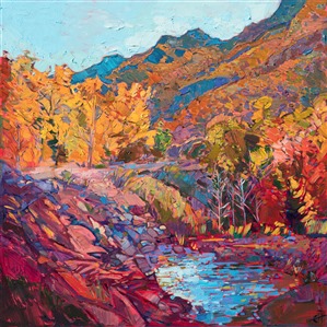 This painting was inspired by a short hiking trip in New Hampshire's White Mountains. The brush strokes in this painting capture all the texture of the tree-covered mountains and the vividly fall-colored trees.  The low-laying brook was bright blue in the early morning, reflecting the beautiful landscape surrounding it.  Exploring the White Mountains was the most enjoyable day on my first leaf-peeping trip to New England.

This painting was done on 1-1/2" canvas, with the painting continued around the edges.  The painting will be framed in a 23kt gold leaf floater frame to complement the colors in the piece.  It arrives wired and ready to hang.