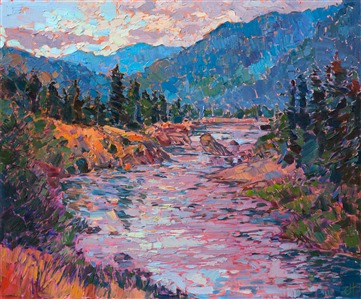 The majestic light of Montana is captured here in impressionistic brush strokes and vivid color.  This painting was inspired by the landscape near Missoula, MT.  The pine-covered mountains turn amazing shades of blue, purple, and turquoise in the changing afternoon light.

This painting was done on 3/4" stretched canvas, and it has been framed in a classic plein-air frame. It will arrive wired and ready to hang.