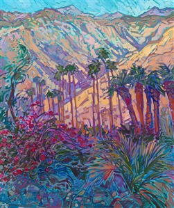 The steep desert mountains surrounding La Quinta, California, create epic inspiration for landscape painters like myself. I love capturing the striking contrasts of the high desert, especially the way the mountains glow with color in the first light of day.

"Santa Rosa Palms" is an original oil painting on stretched canvas. The piece arrives framed in a modern, 23kt gold floater frame, ready to hang.