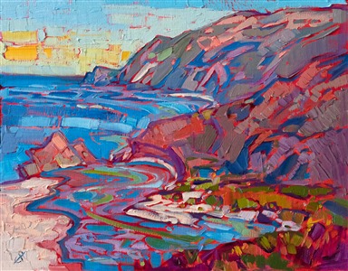 The curving coast of California near Big Sur is alive with colorful cliffs and white sand beaches. The impasto brush strokes capture the movement and saturated color of the scene.

"White Sands" was created on linen board. The piece arrives framed in a gold plein air frame.