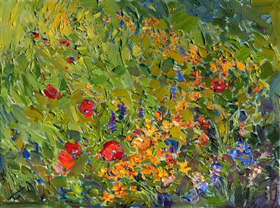 A blend of wildflowers burst forth in a medley of rhythm and color, the lively brush strokes capturing the sudden sense of joy one feels when happening across a collection of wild blooms.

This painting was created on 3/4" canvas and arrives framed in a classic gold frame, ready to hang. The second photograph above shows the painting under gallery lighting in the frame that is included with this piece.

