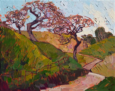 Entwined oak trees stand sentry next to this country road in Paso Robles, California.  The summer grasses seem to radiate warmth, while the loose brush strokes keep the painting fresh and alive with motion.

This oil painting was created on 3/4" stretched canvas, and it arrives framed and ready to hang. The second photograph above shows how the painting looks hanging in gallery spot lighting.