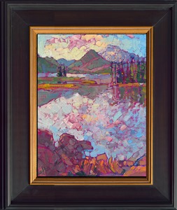 The Oregon Cascades are beautiful in the summer when the range is transformed into a green, idyllic landscape of mountains, lakes, and reflected sunsets. This classic petite is being sold on consignment through The Erin Hanson Gallery.

"The Cascades" is an original oil painting on canvas board. The piece arrives framed in a black and gold plein air frame, ready to hang.